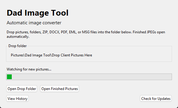 Dad Image Tool Windows app showing its watched folder, status, and workflow buttons