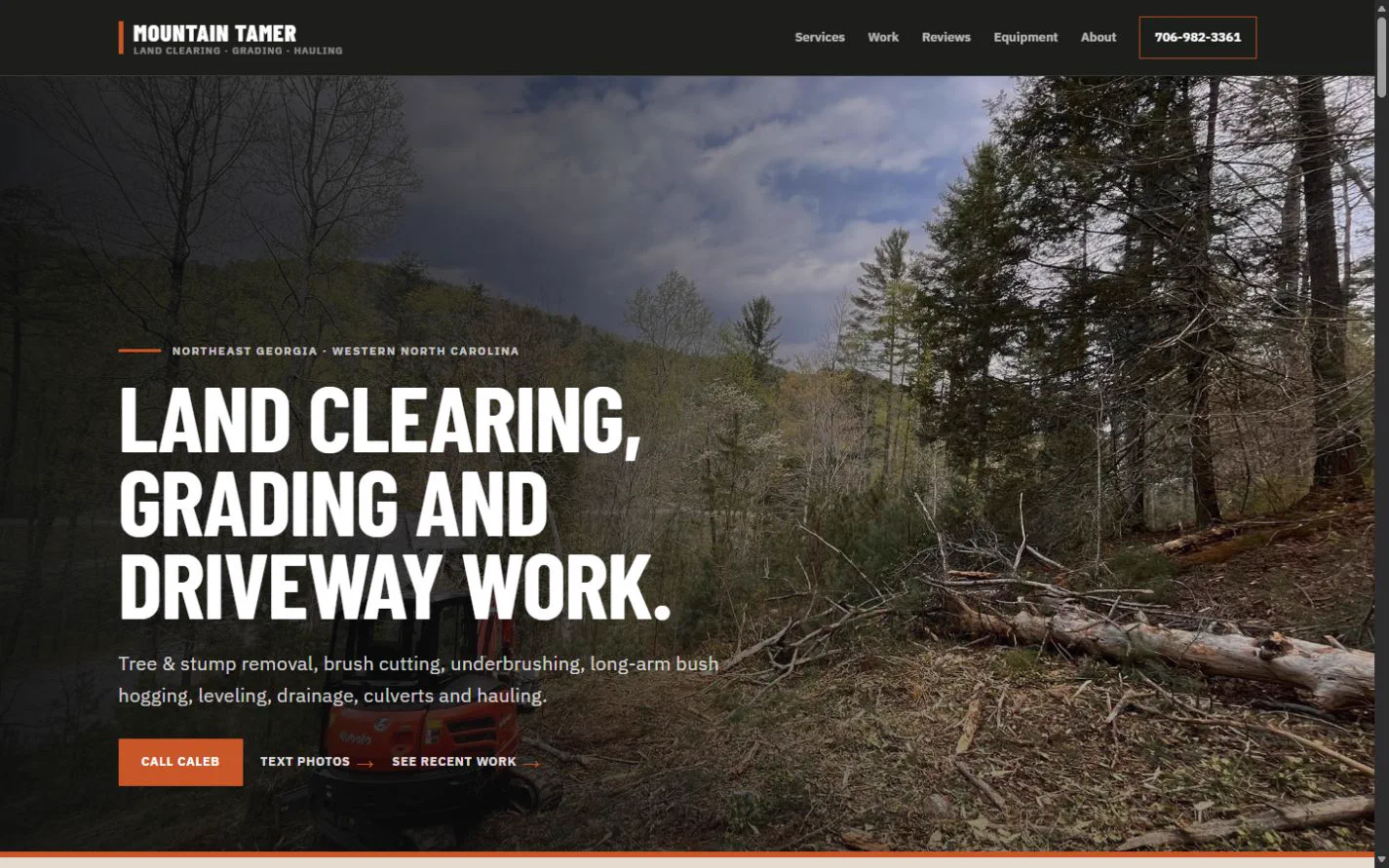 Mountain Tamer homepage with a land-clearing headline over a North Georgia project photo