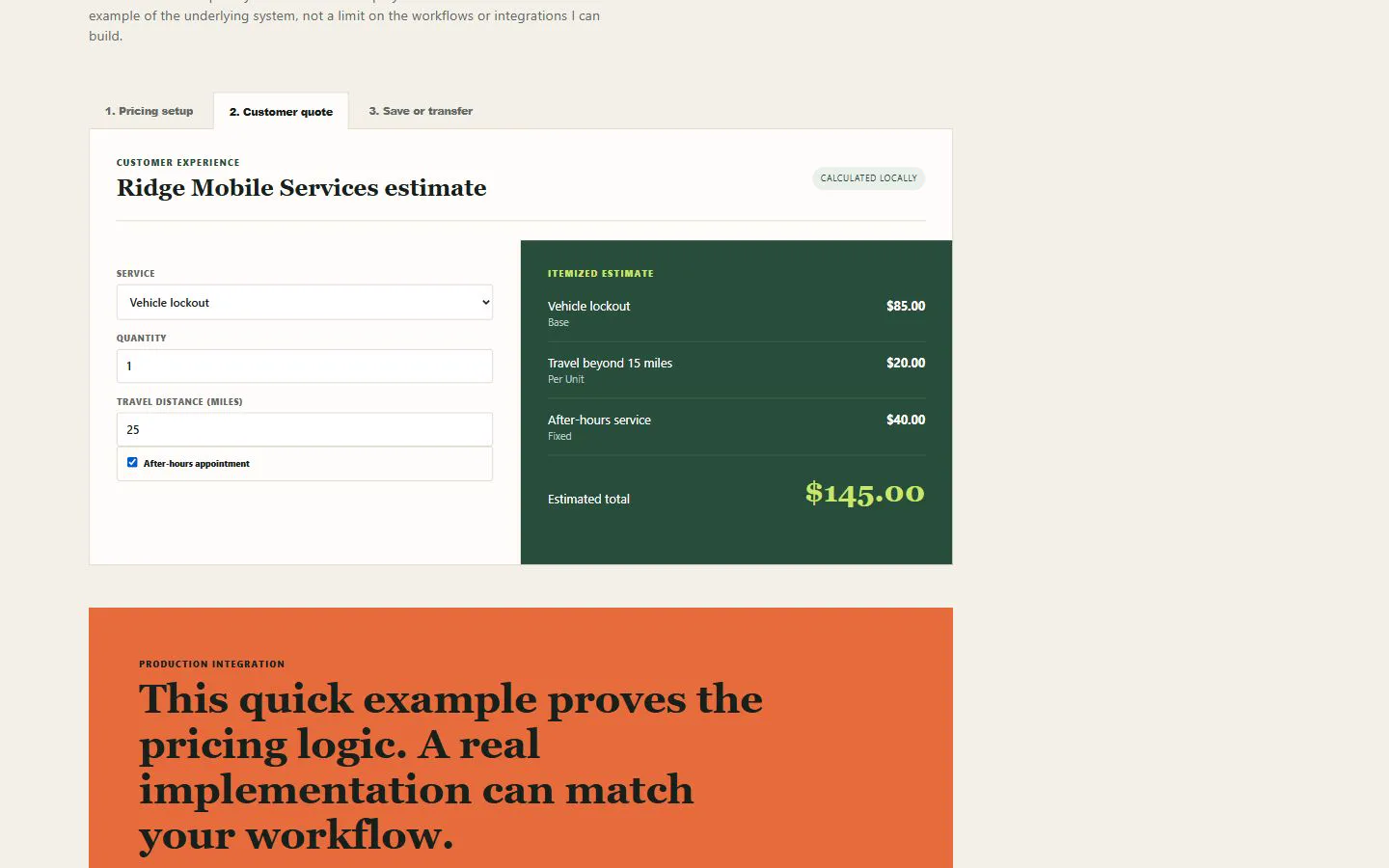 Pricing demo showing travel and after-hours rules in an itemized customer estimate