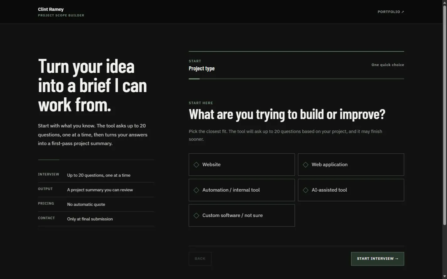 Project Scope Builder showing project-type choices and the start of its guided interview