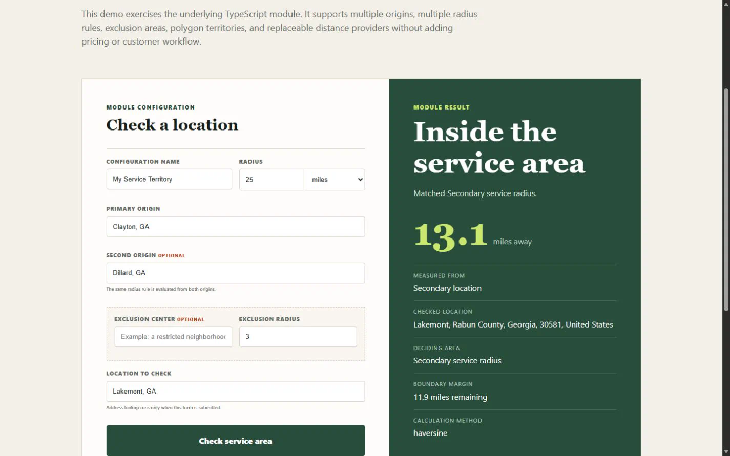 Service Area demo showing an address inside the service area with distance and boundary details